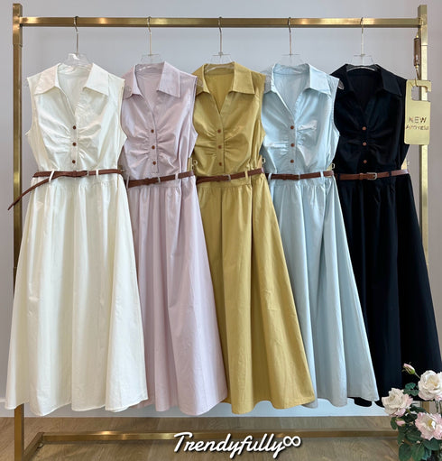 Collar Ruched Design Dress with Belt